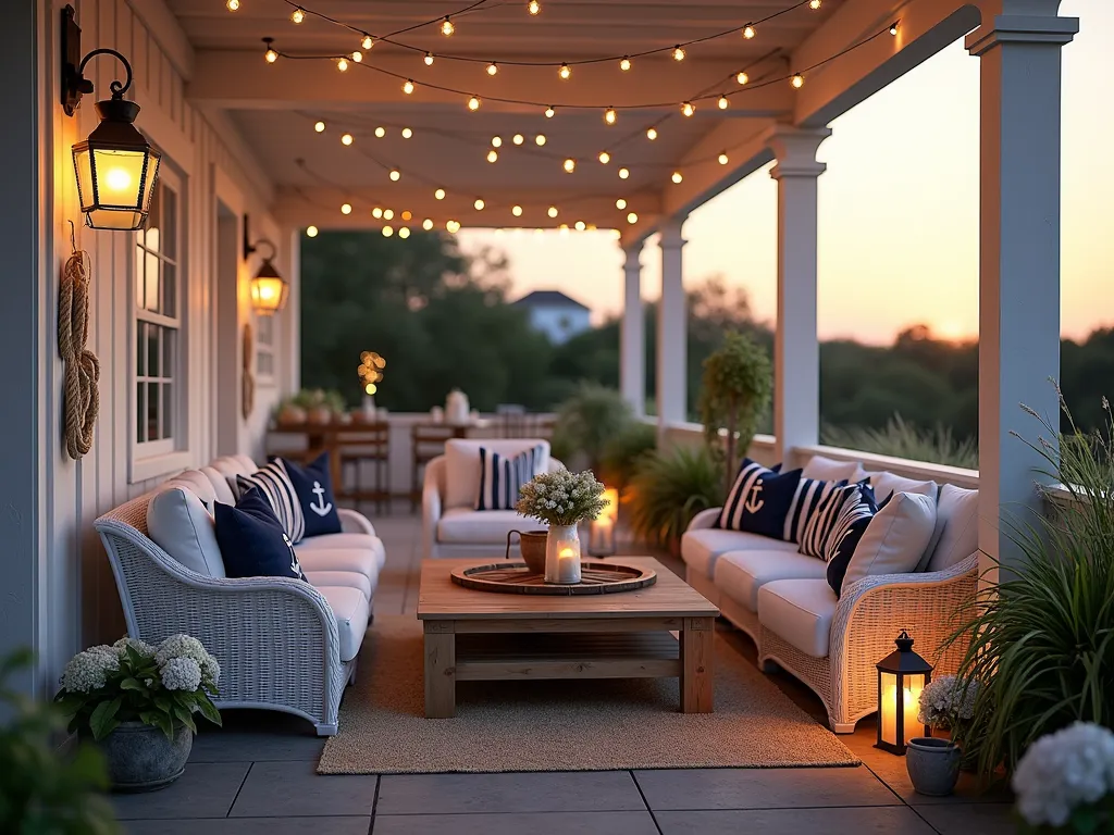 Nautical Paradise Seating Area at Dusk - A cozy coastal patio seating area at dusk, shot with a wide-angle lens. Weather-resistant white wicker furniture arranged around a reclaimed wooden ship's wheel coffee table, illuminated by warm string lights. Navy and white striped cushions adorn the seating, complemented by throw pillows featuring anchor and compass patterns. Thick nautical rope details wrap elegant posts, while weathered lanterns cast a golden glow. Coastal grasses and white hydrangeas frame the space, with the setting sun creating a warm ambiance. Photorealistic, cinematic lighting, architectural photography, f/2.8, 16-35mm lens, ISO 400.