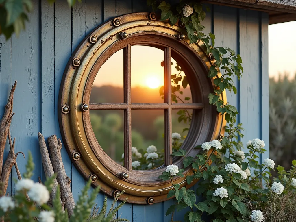 Nautical Porthole Garden Wall - A vintage brass porthole window frame mounted on a weathered blue-gray garden wall, captured during golden hour. The circular frame, 3 feet in diameter, features climbing jasmine vines delicately weaving through its spokes. The porthole's glass has been replaced with an antiqued mirror, reflecting the evening sunlight and surrounding coastal garden. Captured in a medium-wide shot showing the frame centered on the wall with additional copper nautical elements and white flowering plants visible in the composition. Shot with natural lighting highlighting the metallic details and creating depth through shadow play. The scene includes weathered driftwood accents and coastal grasses in the foreground, creating a cohesive maritime atmosphere.