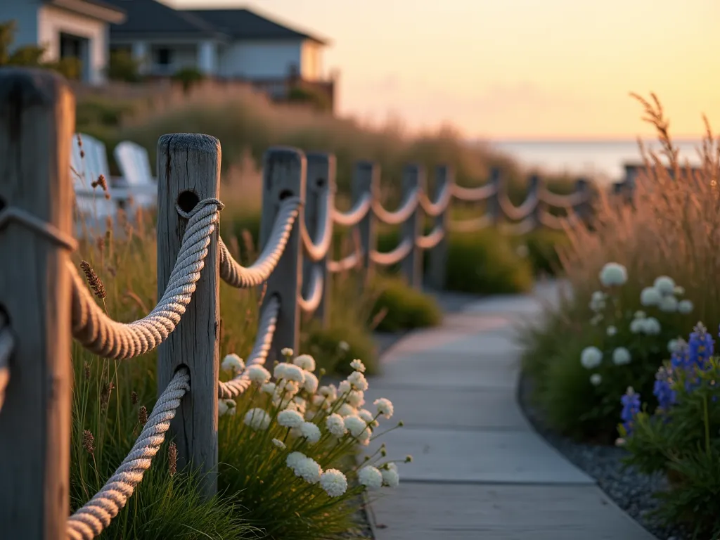 Nautical Rope Garden Divider at Sunset - A stunning dusk scene of a coastal garden featuring weathered cedar posts connected by thick braided nautical rope creating an elegant boundary. The posts, standing 4 feet tall, are spaced evenly along a curved pathway, with ornamental grasses and coastal flowers swaying in the gentle breeze. The warm golden sunset casts long shadows across the textured rope and illuminates the white hydrangeas and blue delphiniums on either side. Shot at f/2.8 with selective focus on the rope detail, creating a dreamy bokeh effect in the background where Adirondack chairs and maritime decorations are visible. The rope barrier naturally separates a casual seating area from a formal garden space, while maintaining an open, airy feeling. Captured with a wide-angle 16mm lens to show the sweeping curve of the rope barrier against the coastal landscape.