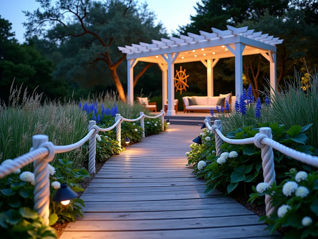 Nautical Rope Garden Pathway at Twilight - A winding garden pathway at twilight, bordered by thick white marine-grade rope carefully staked to the ground, creating an elegant nautical border. The rope glows softly in the evening light, lined with small solar lanterns that mimic ship deck lighting. The path is made of weathered wooden planks laid in a herringbone pattern, resembling a ship's deck. On either side, coastal grasses like sea oats and blue fescue sway gently, while white hydrangeas and blue delphiniums provide bursts of color. Captured with a wide-angle lens at golden hour, showing the full curve of the path leading to a cozy coastal-style seating area in the background. The lighting creates dramatic shadows and highlights the texture of the rope, while a vintage ship's wheel mounted on a white pergola adds authentic maritime charm.