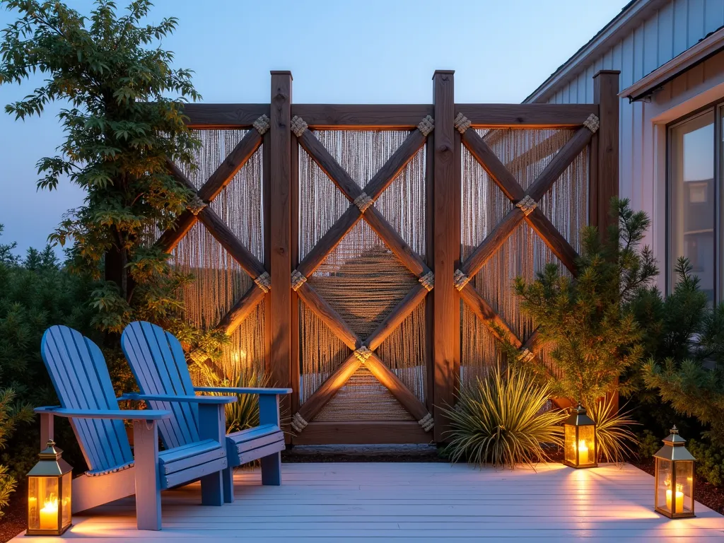 Nautical Privacy Screen with Woven Rope Pattern - A stunning dusk photograph of a contemporary coastal garden featuring a 7-foot-tall privacy screen crafted from weathered teak wood and intricate rope weaving in a geometric pattern. The screen is adorned with vintage wooden oars crossed at intervals, creating an artistic nautical statement. Soft uplighting illuminates the screen's texture, while climbing jasmine and coastal grasses sway gently at its base. The wide-angle shot captures the screen's integration with a modern deck space, where weathered blue Adirondack chairs and brass lanterns complete the maritime atmosphere. Natural golden hour lighting casts long shadows across the whitewashed decking, while the ocean can be glimpsed in the background.