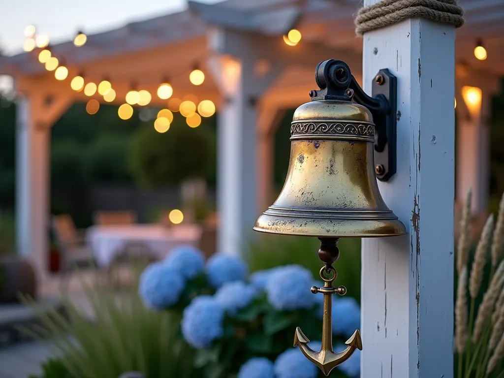 Nautical Ship's Bell Garden Feature at Dusk - A close-up shot of a weathered brass ship's bell mounted on a white-washed wooden post near a coastal-style patio dining area at dusk. The bell is adorned with patina and mounted against a backdrop of swaying ornamental grasses and blue hydrangeas. Soft landscape lighting illuminates the bell while string lights twinkle overhead across the wooden pergola. Weathered rope detailing wraps around the post, and a small anchor decoration hangs beneath the bell. The surrounding garden features coastal elements like weathered driftwood, seashore pebbles, and beach grass catching the golden hour light.