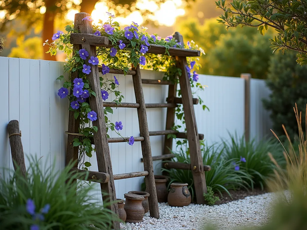 Weathered Ship's Ladder Garden Trellis - A rustic wooden ship's ladder transformed into a garden trellis, photographed during golden hour in a coastal-style backyard. The weathered teak ladder stands 8 feet tall against a white-painted fence, with purple clematis and climbing white jasmine intertwining through its rungs. Morning glory vines cascade down the sides, creating a living curtain of blue blooms. Rope details authentically tie the ladder to wooden posts, while vintage brass hardware adds maritime character. The surrounding garden features crushed seashell pathways, ornamental grasses, and weathered driftwood accents. Shot with shallow depth of field highlighting the ladder's texture and climbing plants, with soft bokeh effects in the background. Natural golden sunlight filters through the foliage, casting intricate shadows on the ground.