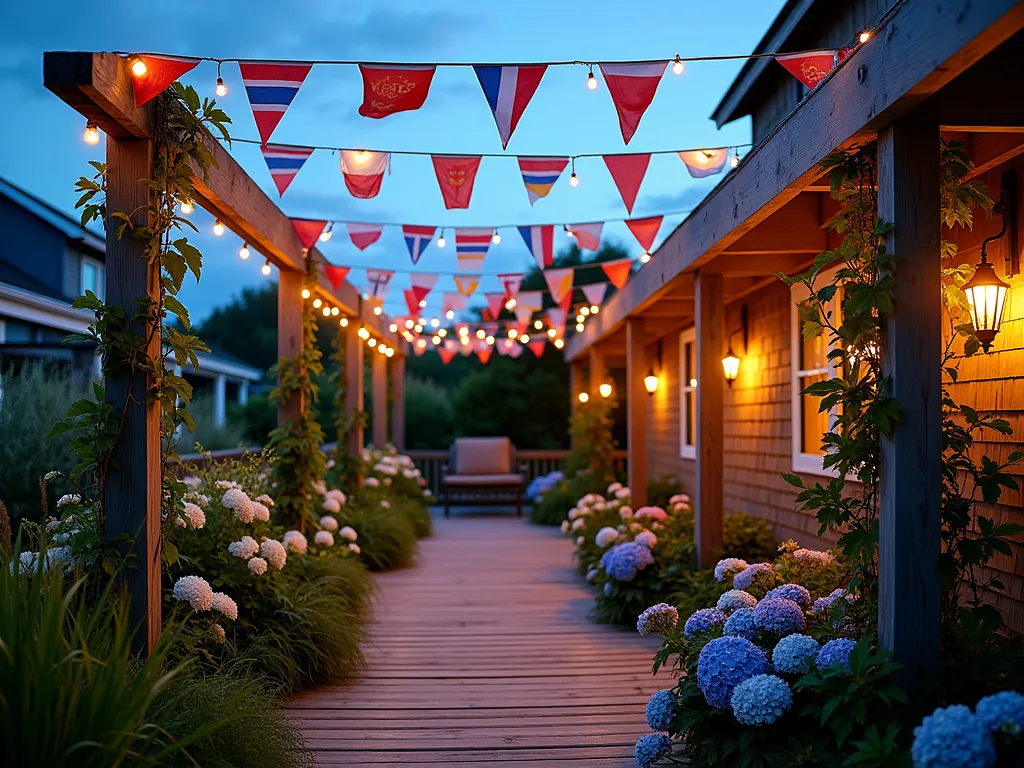 Nautical Signal Flags Garden Display - A twilight garden scene captured with a 16-35mm lens at f/2.8, showing a charming coastal-style backyard with vintage wooden posts connected by nautical signal flags creating a colorful canopy. The flags are arranged in a gentle wave pattern, their vibrant geometric patterns casting dancing shadows on a weathered deck below. Soft garden lights illuminate the scene, while coastal grasses sway in the breeze. Maritime climbing roses in white and pink cascade along the posts, while blue hydrangeas dot the garden beds beneath. The composition is captured from a wide angle, showing the full expanse of the flag display against a dusky blue sky, with warm deck lighting creating an enchanting atmosphere.