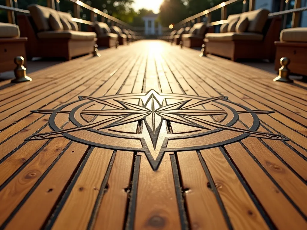 Luxurious Nautical Teak Deck Patio - A close-up view of an elegant backyard patio featuring traditional ship's deck-style teak planking with authentic black caulking lines, photographed during golden hour. The decking features a complex compass rose inlay pattern at its center, surrounded by parallel teak boards arranged in a classic nautical pattern. Polished brass cleats and nautical lighting fixtures accent the edges. Weathered rope handrails and built-in teak benches complete the maritime atmosphere. Shot with shallow depth of field highlighting the rich wood grain texture and brass details, with soft evening light casting long shadows across the deck planks. 16-35mm lens at f/2.8, ISO 400.