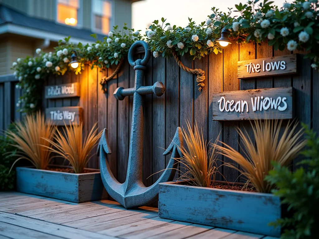 Vintage Anchor Wall Garden Display - A close-up twilight shot of a weathered wooden garden fence adorned with a large, rustic cast iron anchor as the centerpiece. The anchor is artfully surrounded by nautical rope accents and vintage wooden signs reading 'The Beach This Way' and 'Ocean Views'. Climbing jasmine vines weave naturally around the display, with soft accent lighting creating dramatic shadows. A whitewashed wooden deck partially visible below features weathered blue planters with coastal grasses swaying in the breeze. The scene is captured during the golden hour, with warm light casting a magical glow on the nautical wall arrangement.