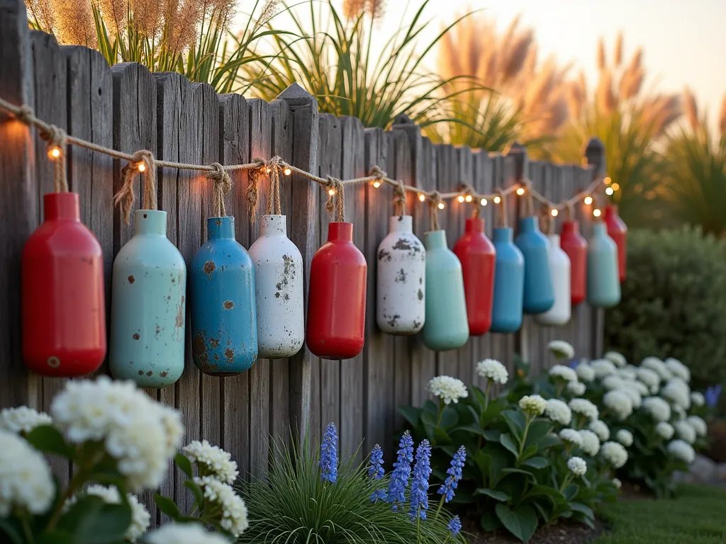 Vintage Buoy Garden Display at Sunset - A charming coastal garden scene at golden hour, featuring a weathered wooden fence adorned with a collection of vintage nautical buoys in vibrant shades of red, blue, white, and seafoam green. The buoys hang at varying heights, creating an artistic display, with some gently swaying in the evening breeze. Behind the fence, tall ornamental grasses sway softly, while clusters of white hydrangeas and blue delphiniums add a lush backdrop. Natural rope in varying thicknesses connects the buoys, adding authentic maritime texture. Warm sunset light casts long shadows and creates a golden glow on the weathered buoys, while string lights weave through the display, creating a magical seaside ambiance. Shot with a wide-angle lens to capture the full scope of the artistic arrangement, with selective focus on the central buoys while maintaining environmental context.