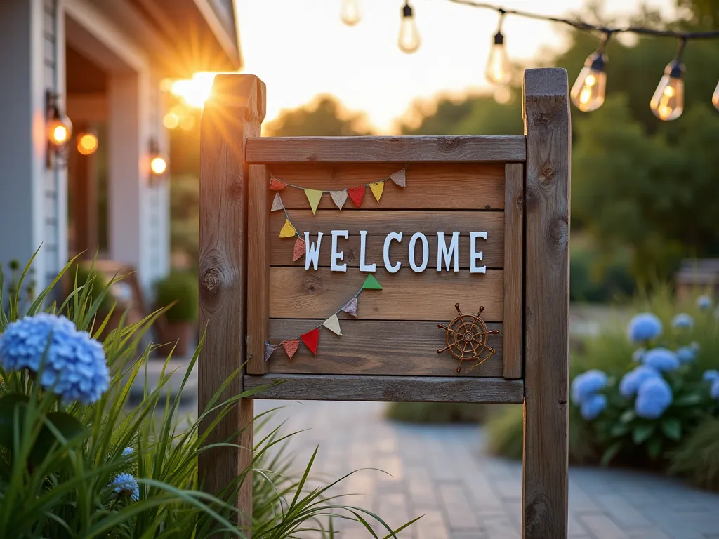 Vintage Nautical Message Board in Garden Setting - A rustic wooden message board mounted on weathered cedar posts in a coastal garden setting at golden hour. The board features vintage nautical signal flags and a decorative ship's wheel, surrounded by ornamental beach grass and blue hydrangeas. Warm evening sunlight casts long shadows across a whitewashed deck, while string lights with nautical-style bulb cages create a cozy ambiance. A close-up perspective highlights the distressed finish of the maritime-themed board displaying a welcome message using colorful nautical alphabet flags. Shot with shallow depth of field focusing on the message board details, with the garden softly blurred in the background.