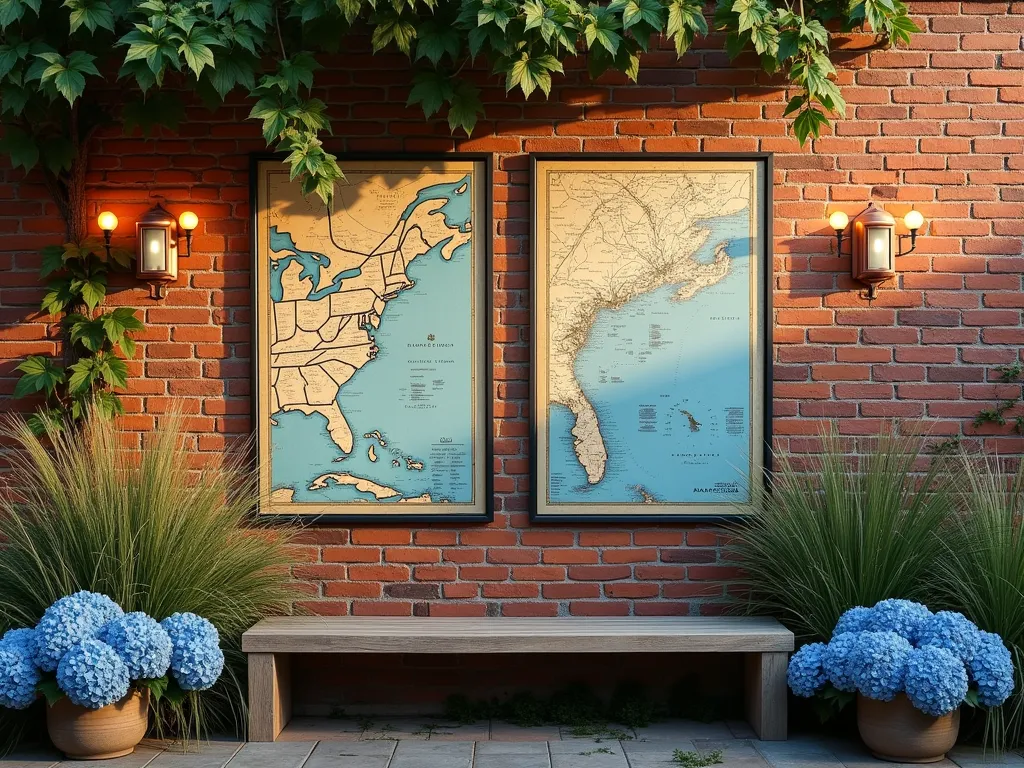 Vintage Nautical Map Garden Wall at Dusk - A stunning close-up shot of a weathered brick garden wall adorned with large, vintage-style nautical maps protected behind clear panels, softly illuminated by warm copper marine sconces. The maps show intricate details of coastal regions and maritime routes in beautiful aged blues and sepias. Climbing star jasmine frames the display, while potted coastal grasses and blue hydrangeas at the base create a layered nautical garden scene. The golden hour lighting casts long shadows across the textured wall surface, highlighting the architectural details and creating a warm, inviting atmosphere. A weathered teak bench sits beneath the maritime display, complementing the coastal theme.