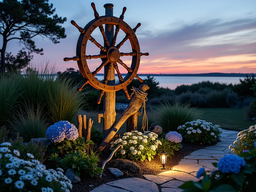 Weathered Ship Wheel Garden Feature - A dramatic twilight scene of a coastal garden featuring a weathered wooden ship's wheel and salvaged ship timber artfully arranged as a focal point. The large ship's wheel, approximately 6 feet in diameter, stands vertically mounted on a weathered post, with authentic rope detailing and brass elements catching the last rays of sunset. Surrounding the maritime centerpiece are swaying ornamental grasses, blue hydrangeas, and white flowering seaside daisies. Weathered driftwood pieces and small anchor artifacts are thoughtfully scattered throughout the garden bed, while climbing jasmine weaves through the structure. Soft landscape lighting illuminates the installation from below, casting intricate shadows across the garden path. The composition is photographed from a three-quarter angle to capture both the detail of the ship artifacts and their integration into the coastal garden landscape.