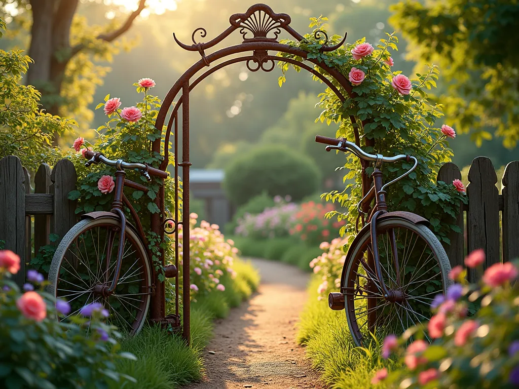 Artistic Bicycle Garden Gate - A whimsical garden gate crafted from vintage bicycle parts, photographed in golden afternoon light. Multiple rusted bicycle frames are artfully welded together to form an arching gateway, with weathered bicycle wheels serving as decorative elements. Antique handlebars curve gracefully along the top, creating an artistic crown effect. The gate is partially covered with climbing roses and morning glories, their vines weaving through the metalwork. The entrance leads to a charming cottage garden path, with soft bokeh effect in the background. Photorealistic, highly detailed, rustic aesthetic.