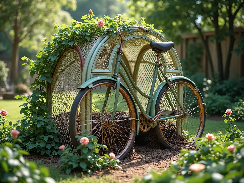 Rustic Bicycle Frame Compost System - A charming garden scene featuring three vintage bicycle frames welded together in a triangular formation, creating an artistic composting bin. The frames are painted in soft sage green and antique copper colors, complementing the garden surroundings. Decorative wire mesh panels in a honeycomb pattern connect the frames, creating walls that allow airflow. Rich, dark compost is visible through the mesh. The structure is surrounded by lush cottage garden plants, with climbing roses and ivy beginning to weave through the frames. Soft afternoon sunlight filters through nearby trees, casting dappled shadows on the artistic garden feature. Photorealistic, cottage core aesthetic.