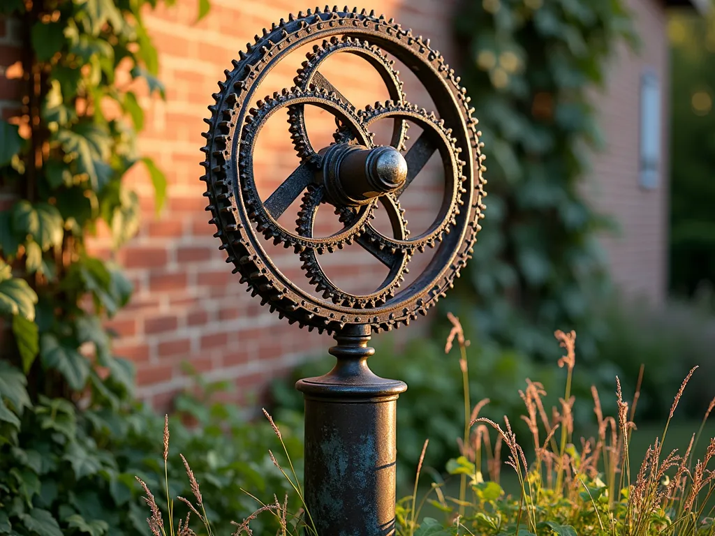 Artistic Bicycle Chain Garden Sculpture - A stunning garden sculpture made from intricately welded bicycle gears and chains forming an elegant spiral pattern rising 6 feet tall, mounted on a weathered metal post. The metalwork catches golden sunset light, creating dramatic shadows on a rustic brick wall. The industrial artwork is softly contrasted by climbing ivy and wild grasses at its base, photographed in a professional artistic style with shallow depth of field.