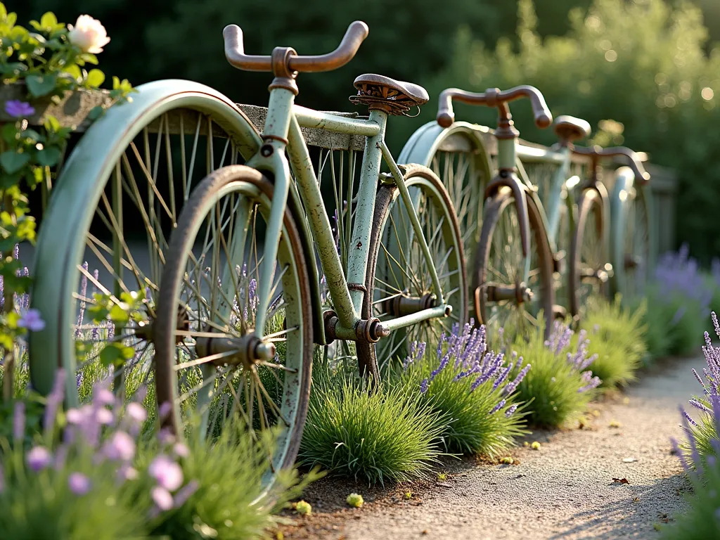 Artistic Bicycle Parts Garden Fence - A whimsical garden fence made from vintage bicycle parts, featuring interconnected rustic bicycle wheels, frames, and handlebars painted in soft sage green and antique copper colors. The fence sections create an artistic boundary between a cottage garden and pathway. Climbing roses and morning glories weave through the bicycle parts, while lavender and ornamental grasses sway at the base. Soft afternoon sunlight casts intricate shadows through the wheel spokes onto a gravel path. Photorealistic, artistic garden photography, high detail.