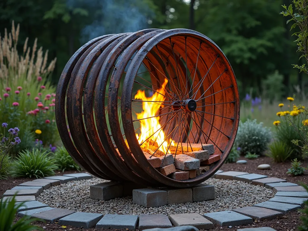 Rustic Bicycle Wheel Fire Pit - A stunning garden fire pit made from vintage bicycle wheels welded together in a circular formation, creating a 3-foot-tall cylindrical structure. The weathered metal wheels maintain their spokes, creating intricate shadows in the warm firelight. Stone and heat-resistant brick line the interior, while flames dance within. The fire pit is set on a circular gravel patio surrounded by ornamental grasses and native wildflowers in a twilight garden setting. Photorealistic, atmospheric lighting, architectural detail, rustic garden design.