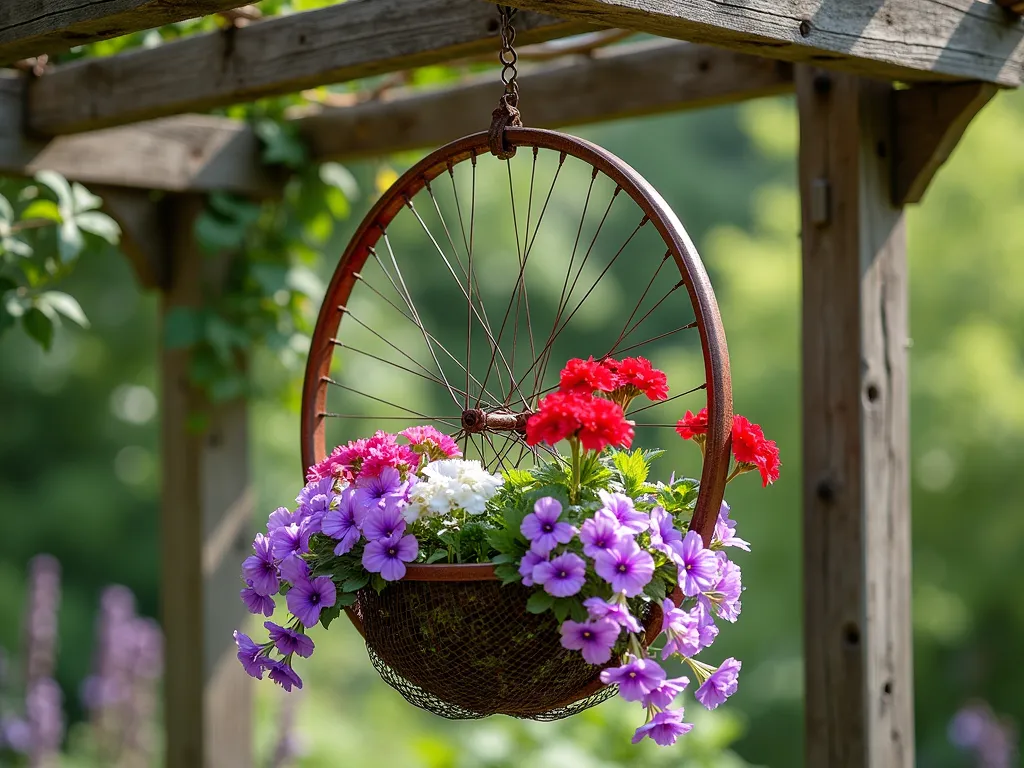 Rustic Bicycle Wheel Hanging Garden - A vintage rusted bicycle wheel transformed into a circular hanging planter, photographed in soft natural daylight. The wheel has copper-toned wire mesh carefully woven through its spokes creating a basket effect. Cascading purple petunias, pink million bells, and white lobelia spill over the edges, while bright red geraniums bloom in the center. The wheel hangs from a weathered wooden pergola by an antique chain, casting delicate shadows on the garden below. The background is slightly blurred, showing a lush cottage garden setting. Photorealistic, high detail, magical garden atmosphere.