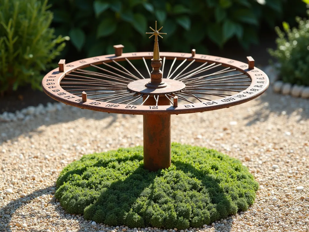 Rustic Bicycle Wheel Sundial Garden Feature - A vintage rusted bicycle wheel mounted horizontally on a weathered copper post in a serene garden setting, transformed into an artistic sundial. The wheel spokes cast delicate shadows across copper number markers arranged in a circle. A brass gnomon rises from the wheel's center, casting its shadow among drought-resistant sedum and creeping thyme growing in a circular pattern below. The surrounding area features a bed of light-colored pea gravel creating a clean, minimalist backdrop. Soft morning light illuminates the scene, creating dramatic shadows across the artistic installation. Photorealistic, garden art, high detail.