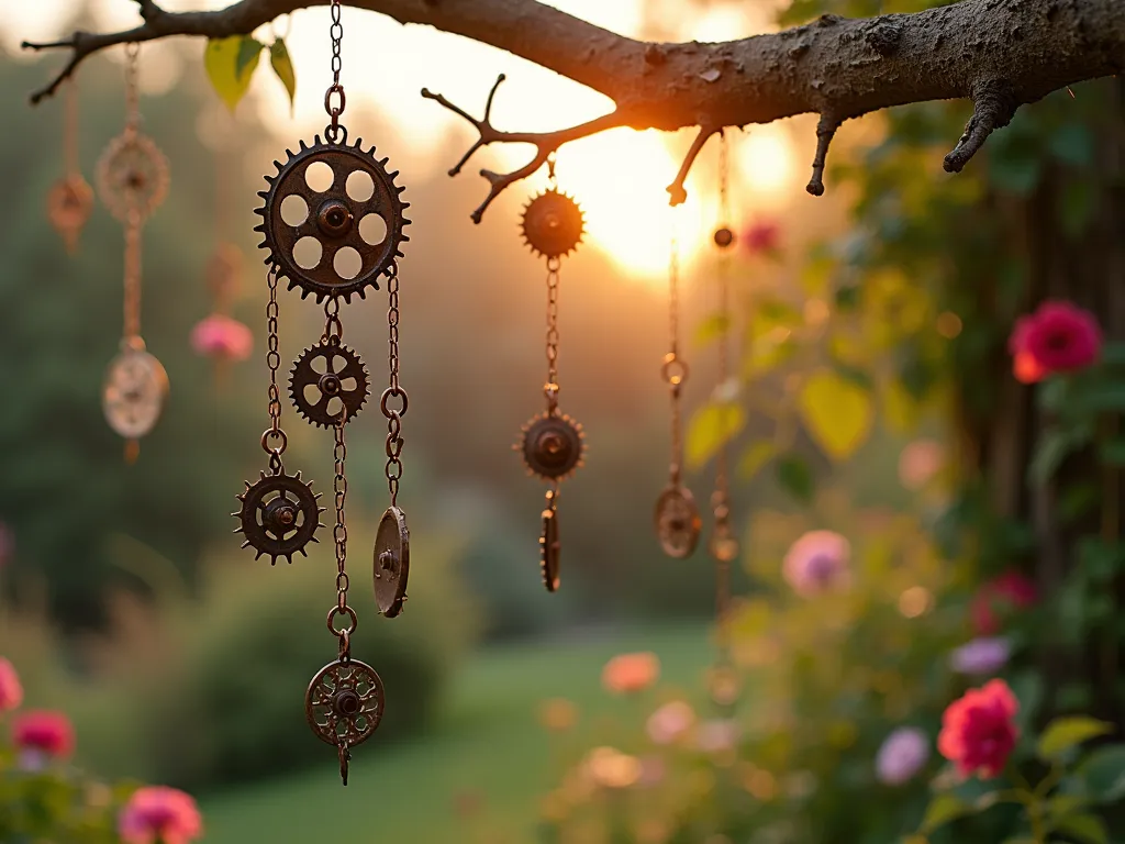 Artistic Bicycle Wind Chime Garden Feature - A whimsical garden scene at golden hour, featuring a hanging vintage bicycle wind chime made from upcycled bike parts. Rustic metal bicycle gears of varying sizes dangle from copper chains, alongside vintage bicycle sprockets and small wheel parts. The metal pieces catch the warm sunlight, creating a dreamy atmospheric effect. The wind chime hangs from a weathered branch against a soft-focus garden background with climbing roses and wisps of morning glory vines. Artistic, rustic garden decor with a steampunk aesthetic. Photorealistic, high detail, warm lighting.