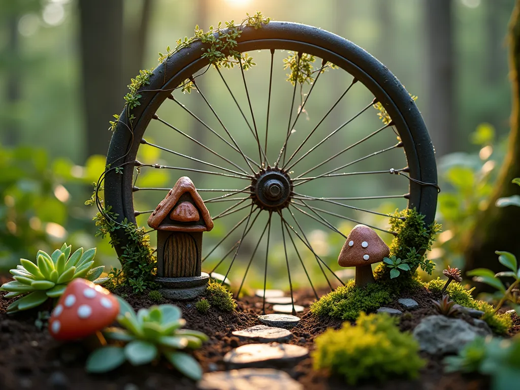 Enchanted Bicycle Wheel Fairy Garden - A magical close-up photograph of a rustic metal bicycle wheel rim transformed into a whimsical fairy garden, shot from a 45-degree angle. The wheel's spokes are delicately wrapped with tiny climbing vines and miniature ivy. The rim is filled with rich, dark soil and features a charming arrangement of miniature plants including tiny succulents, moss, and baby tears. Small fairy garden decorations are thoughtfully placed, including a diminutive copper fairy house with a twig roof, tiny ceramic mushrooms, a miniature stone pathway, and delicate fairy lights wrapped around the spokes. Soft, ethereal lighting creates a magical atmosphere, with morning dew drops glistening on the plants. The background is gently blurred, showcasing the fairy garden's enchanting details.