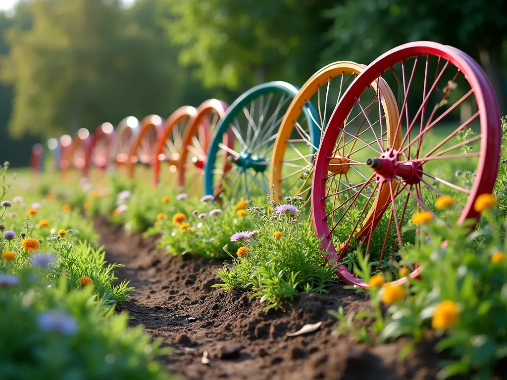 Rainbow Bicycle Wheel Garden Border - A whimsical garden border featuring vintage bicycle wheels painted in vibrant rainbow colors, artistically arranged at varying heights and partially buried in rich soil. The wheels create a flowing border pattern, with red, orange, yellow, green, blue, and purple wheels catching the sunlight. Lush ornamental grasses and delicate wildflowers weave between the wheels, creating a harmonious blend of industrial and natural elements. Soft lighting and a shallow depth of field create a dreamy, artistic atmosphere. Photorealistic, high detail, garden photography style.