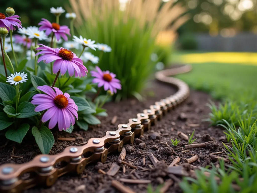 Rustic Bicycle Chain Garden Border - A close-up photo of a curved garden border made from weathered bicycle chains painted in antique copper, defining the edge of a lush flower bed. The chains are artfully connected and partially nestled in the soil, creating an industrial-chic boundary. Purple coneflowers and white daisies spill over the unique chain border, while ornamental grasses sway in the background. Soft evening sunlight casts subtle shadows, highlighting the metallic texture of the chains against the rich brown mulch. Photorealistic, depth of field, f/2.8, professional garden photography