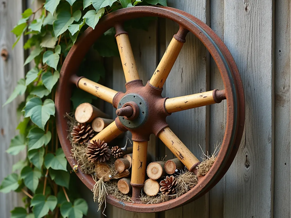 Rustic Bicycle Wheel Bug Hotel - A vintage rusted bicycle wheel mounted vertically against a weathered wooden fence, transformed into an artful insect hotel. The wheel's spokes create natural divisions filled with carefully arranged natural materials: bundled bamboo stems, pine cones, dried hollow stems, and small pieces of bark. Soft natural lighting filters through, creating gentle shadows. Small native bees and ladybugs are visible near the materials. The scene is garnished with climbing ivy tendrils that partially wrap around the wheel's rim, adding an organic touch. Photo realistic, high detail, soft warm lighting, shallow depth of field.