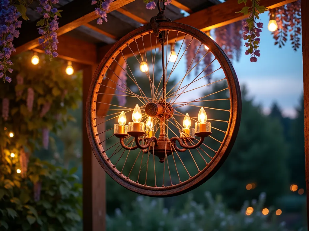 Rustic Bicycle Wheel Chandelier in Garden - A magical evening garden scene featuring a vintage rust-patinated bicycle wheel transformed into an elegant chandelier, suspended from a weathered wooden pergola. Warm solar-powered fairy lights are woven intricately through the spokes, creating a starburst pattern of golden light. Glass tea light holders hang at different lengths from the wheel's rim, their flames flickering in the twilight. The chandelier casts enchanting patterns of light and shadow on the surrounding climbing wisteria and garden foliage. Soft bokeh effect in background with dramatic dusk lighting, photographic style, 4K quality.