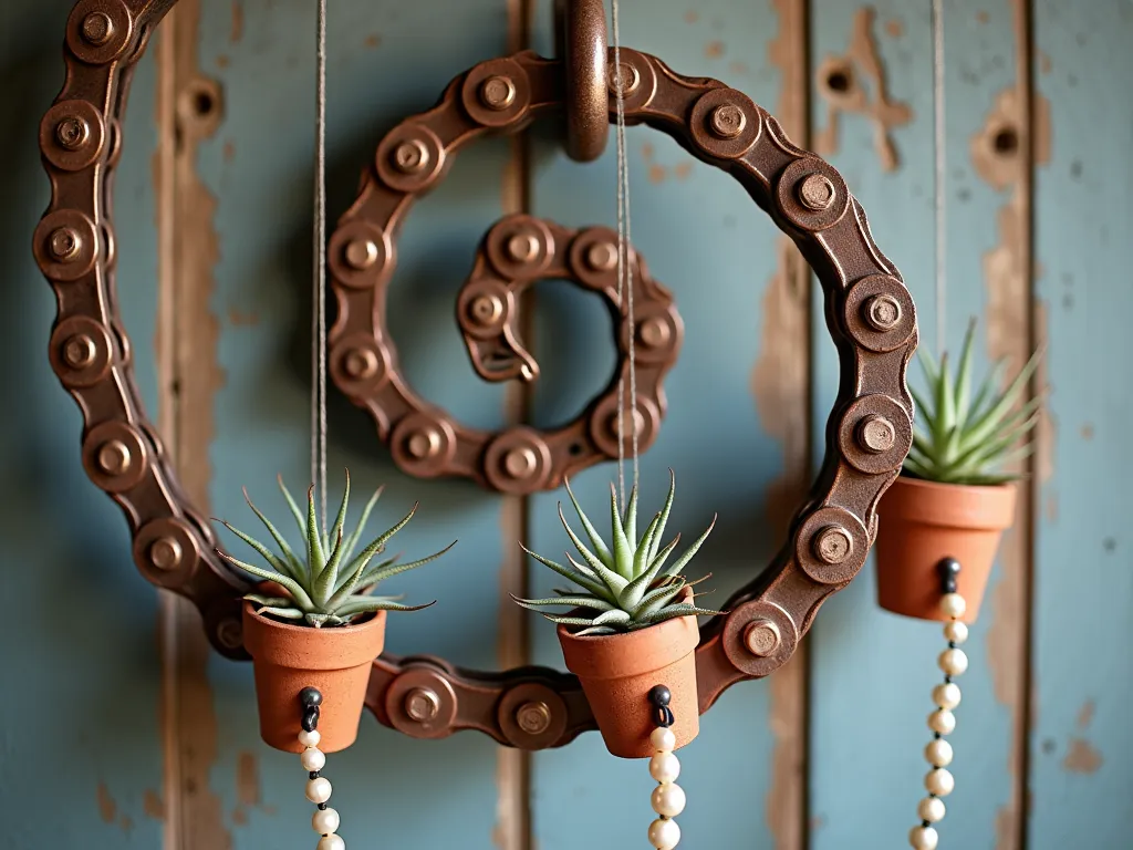 Artistic Chain Link Plant Hanger - Close-up artistic photograph of a rustic bicycle chain artfully twisted into an elegant spiral pattern, painted in metallic copper, hanging against a weathered wooden wall. Three small vintage-style terracotta pots containing delicate air plants and trailing string of pearls are suspended at different heights by the chain. Soft natural lighting creates subtle shadows, highlighting the industrial-meets-nature aesthetic. The geometric pattern of the chain creates an intricate play of light and shadow.