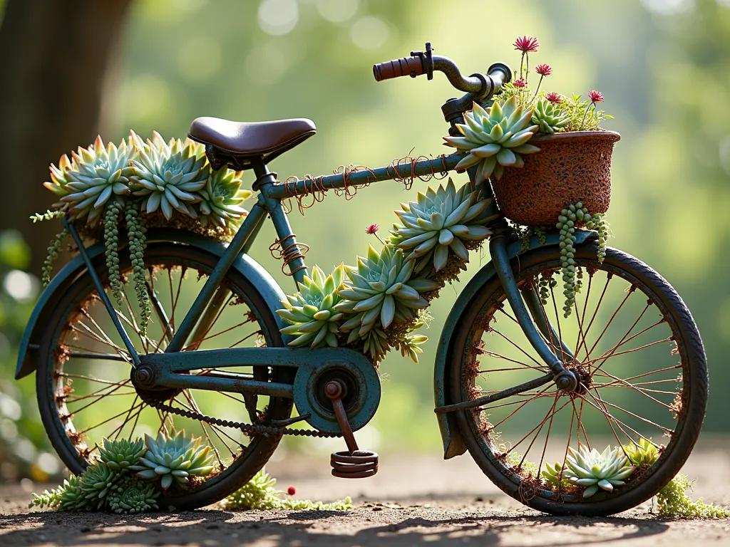 Succulent Bicycle Frame Garden Art - A vintage rustic bicycle frame transformed into a living garden sculpture, photographed in soft natural sunlight. The frame is artfully wrapped with copper-toned chicken wire forming elegant planting pockets. Various colorful succulents in shades of sage green, dusty blue, and burgundy cascade organically through the wire mesh, creating a lush three-dimensional display. Echeveria rosettes and trailing string of pearls spill dramatically from the handlebars and seat tube. The bicycle frame has a weathered turquoise patina, adding to its vintage charm. The background is softly blurred with dappled sunlight filtering through trees, artistic photography style, hyper-realistic detail.