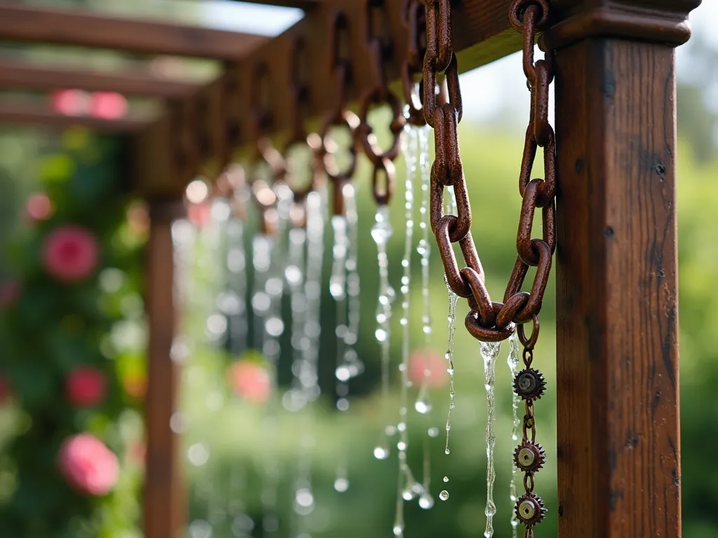 Vintage Bicycle Chain Rain Chain - A close-up artistic photograph of a rustic copper-toned bicycle chain transformed into an elegant rain chain, hanging from a wooden garden pergola corner. Water droplets cascade down the interlocked bicycle chains, creating a mesmerizing waterfall effect. Small vintage bicycle sprockets are integrated at intervals, spinning gently as the water flows. Soft afternoon sunlight filters through, making the water droplets sparkle. The background shows a blurred cottage garden with climbing roses.