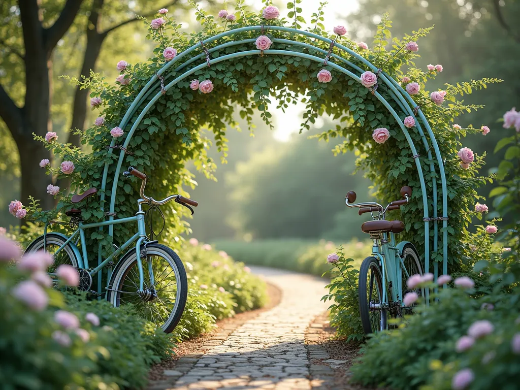 Vintage Bicycle Frame Garden Archway - A dreamy garden archway made from vintage bicycle frames welded together, painted in antique pastel blues and soft mint greens. Multiple bicycle frames artfully arranged to form a romantic curved arch entrance. Climbing pink roses and delicate ivy intertwine through the frames, creating a lush, organic canopy. Soft afternoon sunlight filters through the foliage, casting intricate shadows on a charming garden path below. Photorealistic, cottage garden style, depth of field, rich details, 4k