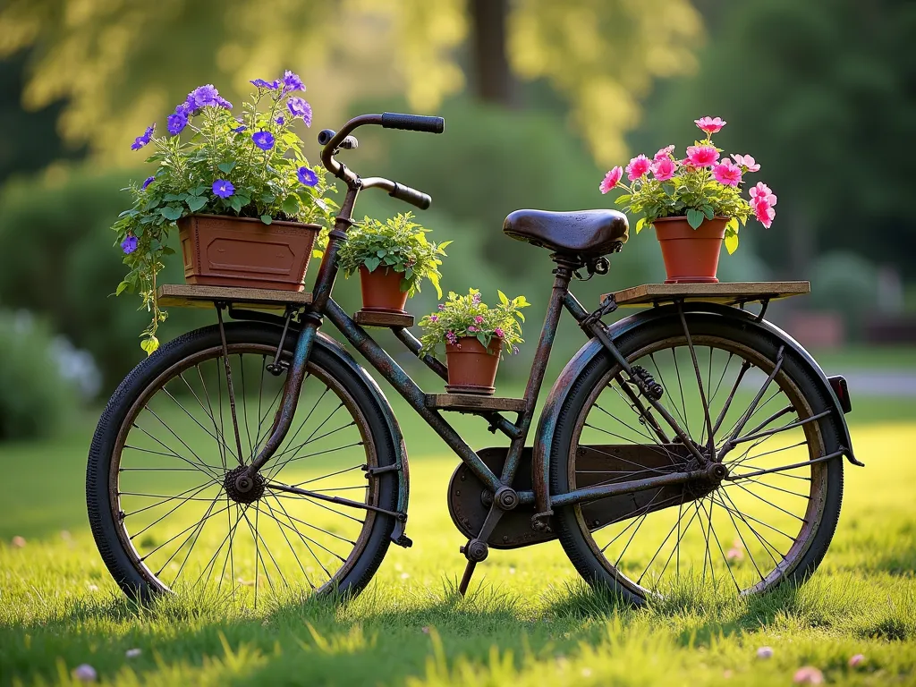 Vintage Bicycle Frame Garden Stand - A rustic vintage bicycle frame transformed into an artistic garden display, photographed in soft natural sunlight. Multiple wooden platforms in weathered cedar are attached at various heights along the frame, creating a multi-tiered effect. Colorful potted plants cascade from each level, including purple petunias, trailing ivy, and pink geraniums. The bicycle frame maintains its antique patina with hints of faded blue paint. The scene is set against a garden backdrop with bokeh effect, highlighting the artistic repurposing of the bicycle. Photorealistic, high detail, warm ambient lighting.