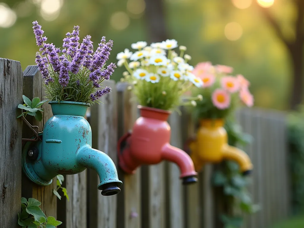 Vintage Bicycle Pump Garden Vases - Close-up artistic shot of three vintage bicycle pumps transformed into charming flower vases, mounted on a weathered wooden fence. The pumps are painted in vibrant colors - turquoise, coral pink, and sunflower yellow. Each pump is filled with cascading wildflowers including lavender, daisies, and baby's breath. Soft morning light creates a dreamy atmosphere, with subtle bokeh effect in the background. The rustic scene includes climbing ivy on the fence and dappled sunlight filtering through nearby trees.