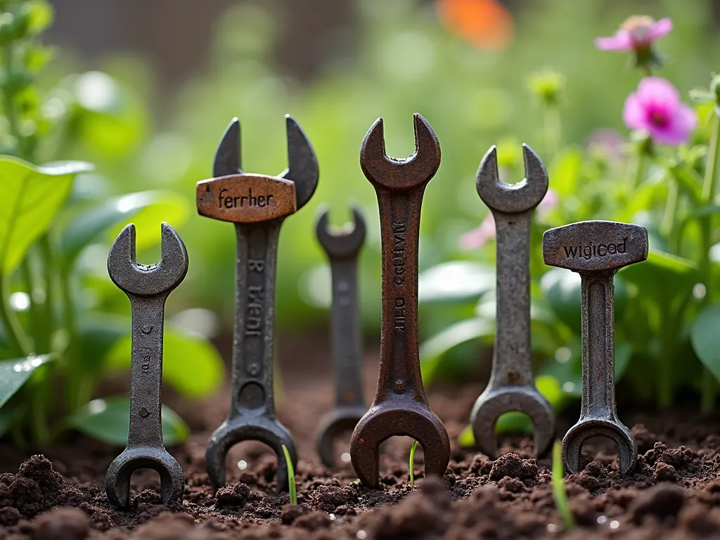 Vintage Bicycle Tool Garden Markers - Close-up photographic shot of rustic garden bed with artistic plant markers made from vintage bicycle wrenches and tools. Several antique steel wrenches stand upright in rich soil, each holding a small weathered copper or brass tag with hand-stamped herb names. Morning dew glistens on the patinated metal against a backdrop of fresh herbs and flowering plants. Soft natural lighting creates gentle shadows, highlighting the industrial charm of the repurposed bicycle tools. Photorealistic style, shallow depth of field.