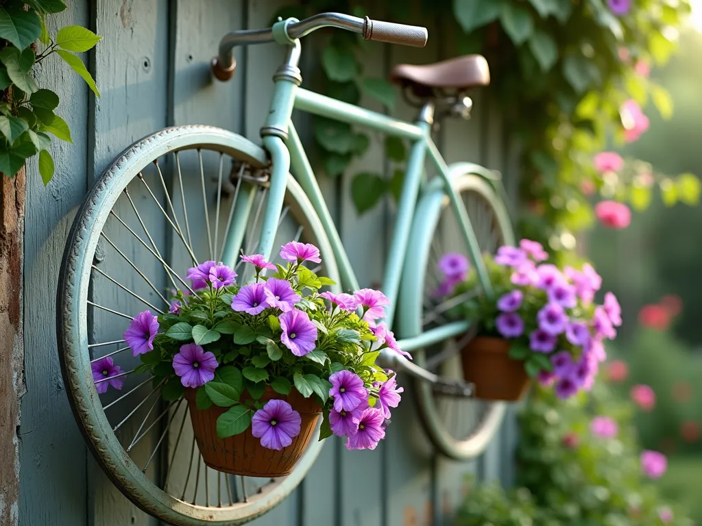 Romantic Wall-Mounted Bicycle Garden Display - A rustic garden wall scene featuring a vintage bicycle mounted horizontally, painted in soft mint green with distressed finish. The bicycle's wire wheels are transformed into circular planters overflowing with vibrant purple and pink cascading petunias and delicate green ivy tendrils. Weathered wooden wall backdrop with climbing roses. Natural sunlight creating gentle shadows. Photorealistic, detailed garden photography style, soft bokeh background, f/2.8 depth of field