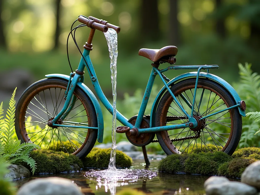 Vintage Bicycle Water Fountain Garden Feature - A charming vintage upright bicycle in weathered turquoise paint, transformed into an enchanting garden water fountain. Water cascades from the handlebars through copper pipes, creating a gentle waterfall effect. The bicycle's chain connects to a concealed pump mechanism. Surrounding the base are lush hostas, Japanese forest grass, and delicate maidenhair ferns. Natural river rocks and moss-covered stones create a peaceful setting. Soft afternoon sunlight filters through, creating a magical atmosphere with water droplets sparkling. Photorealistic, high detail, cottagecore aesthetic.