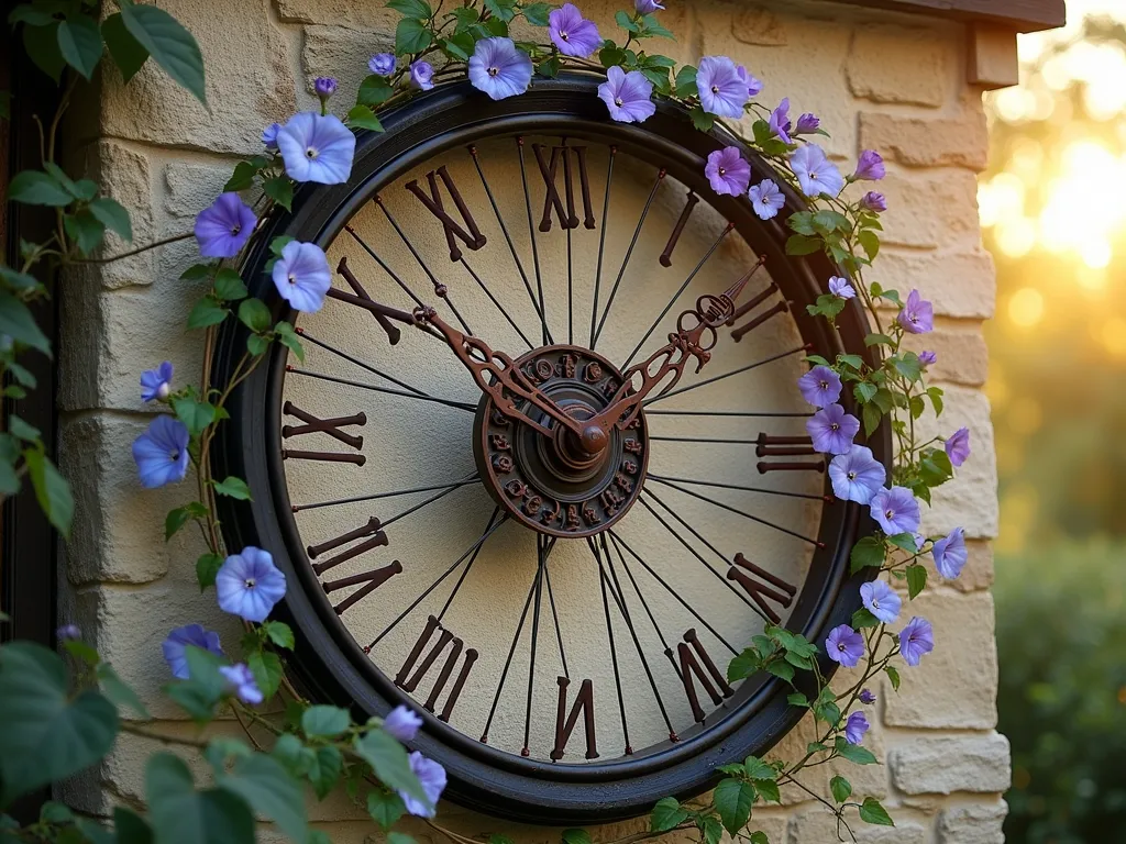 Vintage Bicycle Wheel Garden Clock with Climbing Vines - A rustic, large bicycle wheel transformed into an elegant garden clock mounted on a weathered stone wall, photographed during golden hour. The wheel features ornate wrought-iron clock hands and vintage-style Roman numerals around its rim. Delicate morning glory and clematis vines with purple and blue flowers gracefully wind their way up the wheel's spokes, creating a romantic cottage garden feel. Soft, dappled sunlight filters through the wheel, casting intricate shadows. Photorealistic, high detail, magical garden atmosphere.