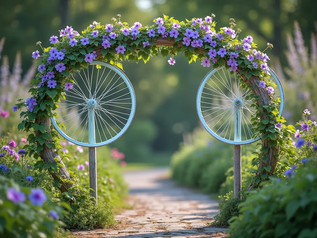 Vintage Bicycle Wheel Garden Trellis - A stunning garden scene featuring three vintage bicycle wheels mounted vertically on weathered wooden posts, painted in soft pastel colors of mint green, dusty blue, and antique white. The wheels are artfully arranged as a trellis, with vibrant purple clematis and iridescent blue morning glories climbing gracefully through the spokes, creating an ethereal pattern. Soft natural lighting casts delicate shadows through the wheel spokes onto a rustic garden path below. The background features a blurred cottage garden with muted flowers and greenery, shot in a dreamy photographic style with shallow depth of field.