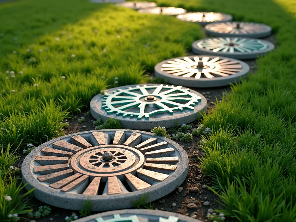 Vintage Bicycle Gear Stepping Stones - A charming garden path made of round concrete stepping stones, each embedded with vintage brass and steel bicycle gears in artistic patterns. The stones are placed in a winding pattern through lush green grass, with some gears painted in weathered copper and turquoise patinas. Soft afternoon sunlight casts intricate shadows from the mechanical elements, while small creeping thyme grows between the stones. Photorealistic, high detail, garden photography style, f/8, soft natural lighting