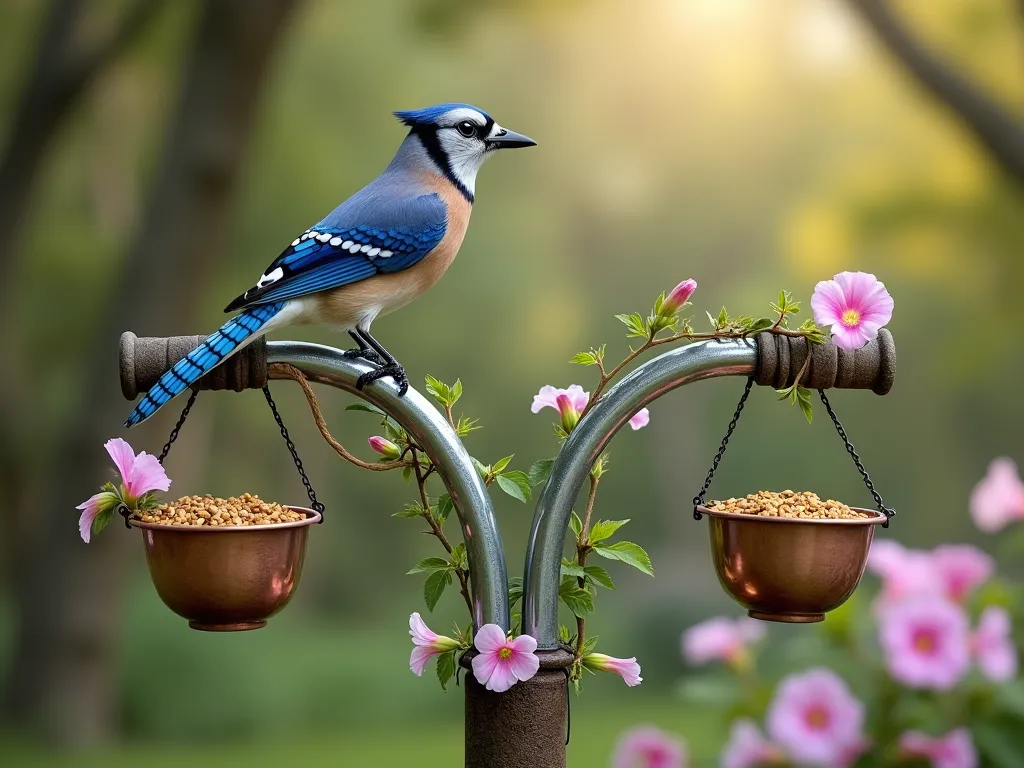 Vintage Bicycle Handlebar Bird Feeder in Garden - A charming rustic scene featuring vintage chrome bicycle handlebars transformed into a bird feeder, mounted on a weathered shepherd's hook. Small copper feeding cups are attached to both handlebar grips, filled with golden bird seed. A vibrant blue jay perches on the curved metal, while delicate morning glories wind up the shepherd's hook. Soft morning light filters through nearby trees, creating a dreamy atmosphere. The background shows a blurred cottage garden with blooming flowers in soft focus.