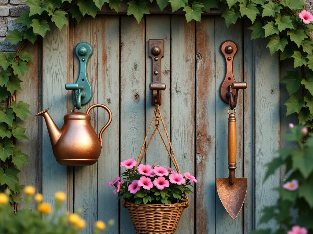 Vintage Bicycle Handlebar Garden Storage - A rustic garden wall with weathered wooden panels, featuring three vintage bicycle handlebars mounted horizontally as decorative hooks. The handlebars are painted in faded turquoise, antique rose, and natural copper patina. A vintage copper watering can hangs from one hook, a woven wicker basket filled with blooming petunias dangles from another, and garden tools with wooden handles hang from the third. Soft morning light casts gentle shadows, while climbing ivy frames the scene, creating a whimsical and practical garden vignette. Photorealistic, high detail, warm ambient lighting.