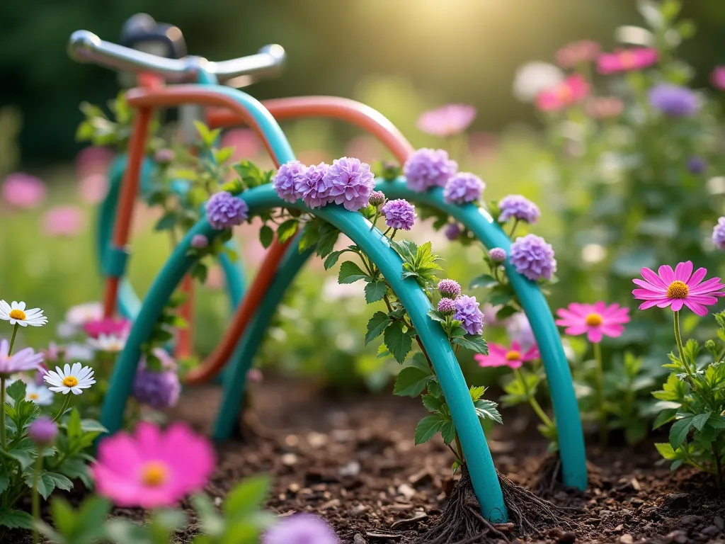 Vintage Bicycle Handlebar Plant Support - A close-up garden scene featuring vintage bicycle handlebars painted in cheerful turquoise and coral colors, artfully arranged as plant supports in a lush flower bed. Purple clematis vines gracefully wind around the curved handlebars, creating an elegant spiral pattern. Soft afternoon sunlight filters through the foliage, casting delicate shadows on the rustic mulch below. The handlebars emerge from a bed of pink cosmos and white daisies, creating a whimsical cottage garden aesthetic. Photorealistic, vintage garden style, shallow depth of field.