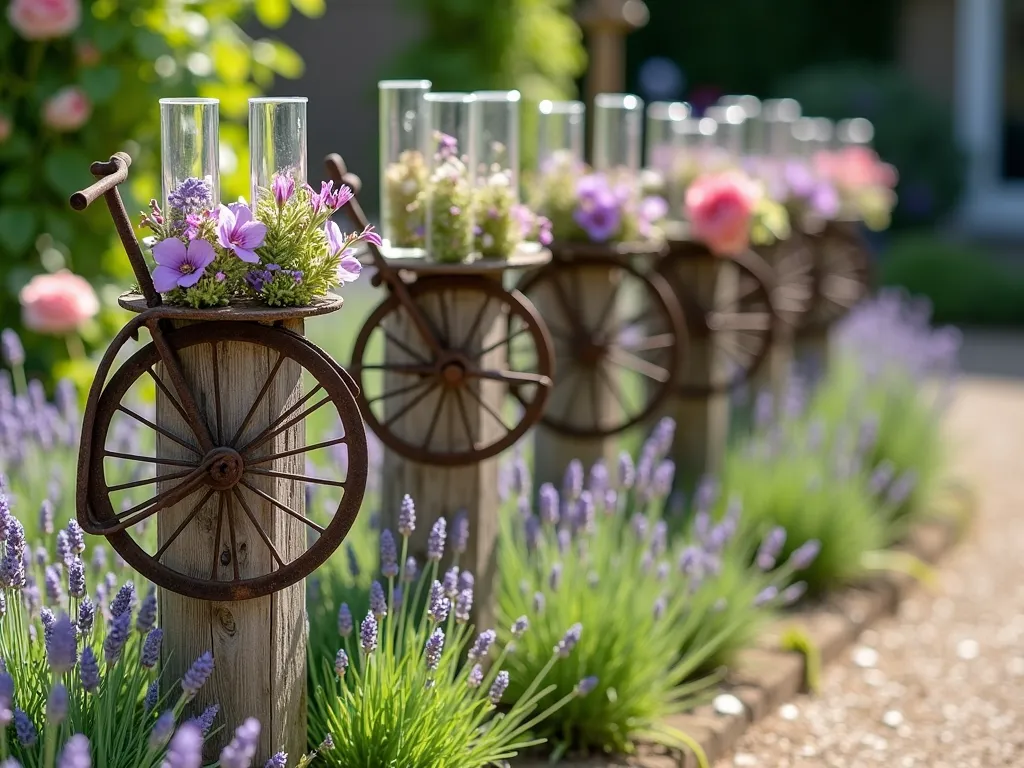 Vintage Bicycle Pedal Flower Display - A charming garden vignette featuring vintage rusty bicycle pedals artistically mounted on weathered wooden posts at varying heights. Each pedal holds delicate glass test tubes filled with freshly cut wildflowers in soft purple, pink, and white. The flower-filled pedals create a whimsical sculpture along a curved garden path lined with lavender. Soft afternoon sunlight filters through the flowers, casting gentle shadows on the weathered wood. Background shows blurred cottage garden plantings and climbing roses. Photorealistic, garden art installation, artisanal craftsmanship.