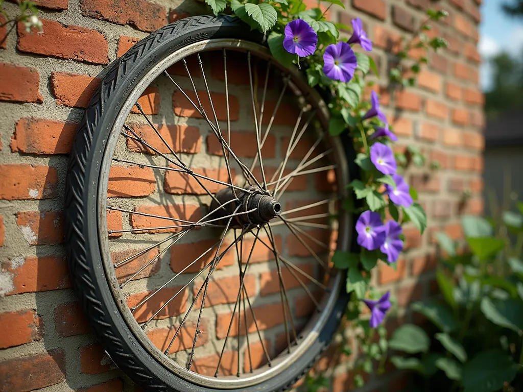 Vintage Bicycle Wheel Spider Web Trellis - A rustic garden scene featuring an old weathered bicycle wheel mounted on a weathered brick wall, transformed into an artistic trellis. Intricate natural twine weaves through the spokes in a delicate spider web pattern, creating geometric patterns. Purple clematis and green morning glory vines gracefully climb the wheel trellis, with some blooms peeking through the web design. Soft afternoon sunlight casts dramatic shadows of the web pattern on the wall. Vintage-style photograph with dreamy bokeh effect.