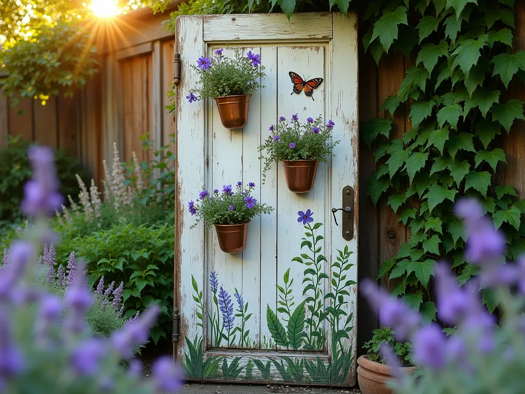 Vintage Door with Hand-Painted Botanical Art - A vintage weathered wooden door transformed into garden art, photographed in golden afternoon light. The door features intricate hand-painted botanical illustrations of wildflowers, ferns, and climbing vines in muted greens, blues, and soft purples. Three copper wall-mounted planters are attached at different heights, overflowing with cascading ivy and purple clematis. Decorative wrought iron butterflies and dragonflies are mounted to appear as if they're flying across the painted surface. The door stands against a rustic garden wall covered in Boston ivy, with lavender bushes softly blurred in the foreground. Shot from a slight angle to show depth and dimension of the mounted elements, with sun rays filtering through nearby trees creating dappled light effects on the artistic surface.