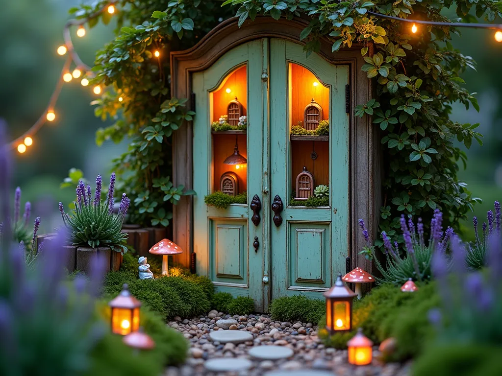 Enchanted Fairy Door Garden at Twilight - A dreamy, twilight garden scene featuring a weathered vintage door transformed into a magical fairy garden backdrop, photographed with a 16-35mm lens at f/2.8, ISO 400. The door, painted in faded mint green with ornate Victorian details, stands nestled among climbing moonflowers and lavender. Small, twinkling solar lights illuminate miniature fairy houses built into the door's panels, creating a warm, ethereal glow. Tiny copper and glass doors are mounted within the larger door's panels, surrounded by moss-covered shelves hosting miniature succulent gardens. Delicate fairy statues and ceramic mushrooms dot the scene, while string lights draped above cast a soft, magical ambiance. The foreground features a winding pebble path lined with tiny glowing lanterns and dwarf mondo grass, creating depth and leading the eye to the enchanted door.