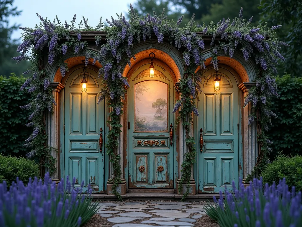 Enchanted Garden Theatre Door Display - A twilight photograph of a magical outdoor garden theatre created from three vintage Victorian doors arranged in a triptych formation. The weathered wooden doors feature ornate carved details and peeling mint-green paint, connected by weathered copper archways. Climbing moonflowers and purple wisteria gracefully weave through the structure, with fairy lights twinkling between the vines. The center door stands partially open, revealing a ethereal garden scene backdrop painted on a removable panel. Shot from a wide angle perspective capturing the entire 12-foot structure, with soft dusk lighting creating a dreamy atmosphere. Natural stone pathway leads to the theatre, flanked by lavender bushes. Professional DSLR capture with perfect depth of field showing intricate door details while maintaining background garden context.