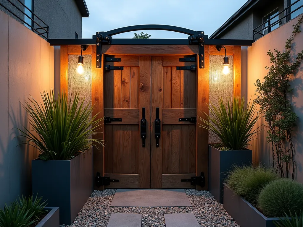 Industrial Door Garden Feature with Metal Elements - A stunning wide-angle dusk shot of a weathered industrial wooden door repurposed as a garden feature, standing upright in a modern urban backyard. The door features rustic iron hinges and is flanked by geometric metal planters containing ornamental grasses. Industrial-style pendant lights with Edison bulbs hang from a sleek metal arch above the door, casting a warm glow. Wire mesh panels are artfully attached to one side, supporting climbing vines. The door is positioned against a concrete wall with subtle uplighting, creating dramatic shadows. The surrounding space includes crushed granite pathways and weathered steel raised beds, perfectly balancing the industrial and natural elements.