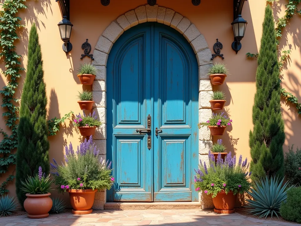 Mediterranean Door Garden Oasis - A rustic vintage wooden door painted in vibrant Mediterranean blue, mounted against a sun-washed stucco wall in a garden setting. Multiple ornate terracotta pots in varying sizes are attached horizontally across the door, filled with cascading lavender, rosemary, and bright bougainvillea. Hand-painted Portuguese-style ceramic tiles frame the door's base, while drought-resistant succulents and cypress trees create depth in the background. Late afternoon sunlight casts warm shadows across the scene, highlighting the weathered patina of the door and the texture of the terracotta. A peaceful Mediterranean courtyard setting with natural stone pavers and climbing vines completing the composition. Photorealistic, golden hour lighting, architectural detail, 4K quality.