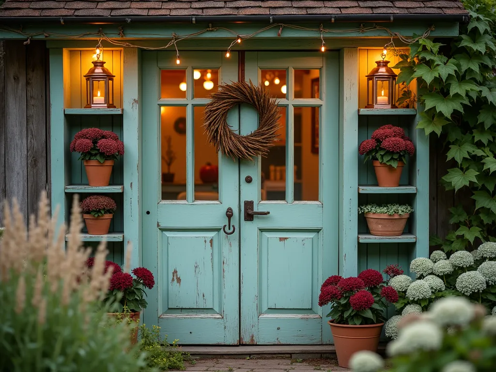 Seasonal Garden Door Display at Twilight - A rustic vintage door painted in soft mint green, standing freely in a cottage garden setting at twilight. The door is adorned with an interchangeable wreath holder and features built-in weathered wooden shelves on both sides. Current autumn display includes copper lanterns, burgundy chrysanthemums in vintage terracotta pots, and trailing ivy. Fairy lights weave through the door's window panes, creating a magical glow. Small hooks and brackets visible for easy seasonal decoration changes. Captured with shallow depth of field highlighting the door against a softly blurred background of ornamental grasses and hydrangeas. Shot from a slight angle to show dimension and depth, with golden hour lighting casting long shadows across the scene.